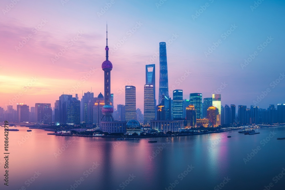 Obraz premium A stunning smart city skyline at dusk in Shanghai with glowing connections representing big data and technology integration