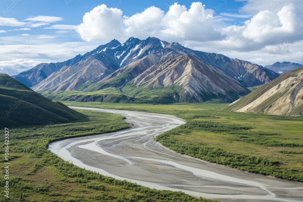 Fototapeta premium A winding river flows through a valley surrounded by snow-capped mountains.
