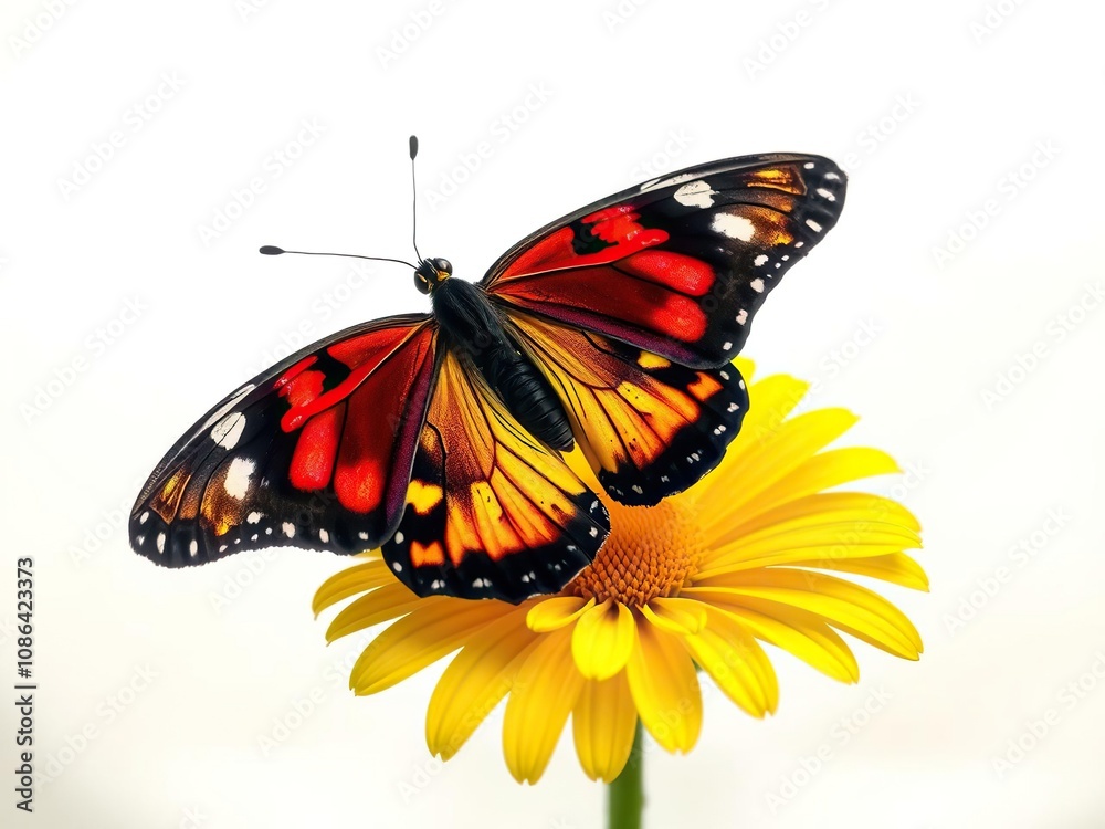 Fototapeta premium Colorful butterfly perched on a bright yellow daisy against a soft white abstract background with subtle gradient effects, flower close-up, floral
