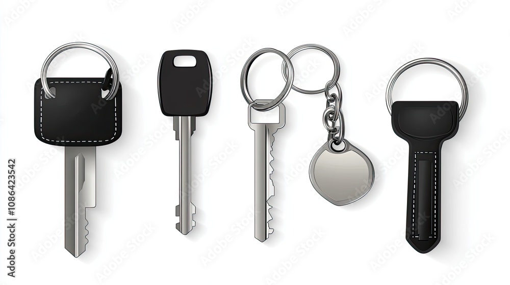 Four Keys with Keychains, Isolated on White Background Four Keys with Keychains, Isolated on White Background