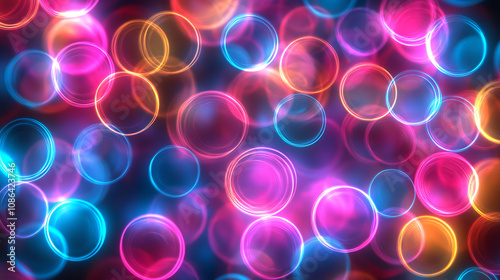 Glowing neon circles overlap, vibrant colorful abstract art. Suitable for background, design projects, digital art, and modern concepts. Generated AI