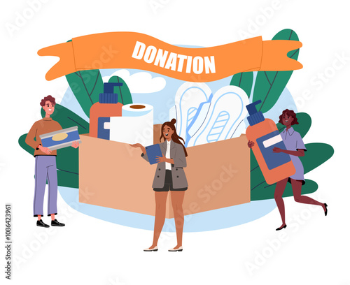 People with donation. Men and women near huge cardboard box with things. Generosity and kindness. Volunteers of charity organization. Flat vector illustration isolated on white background