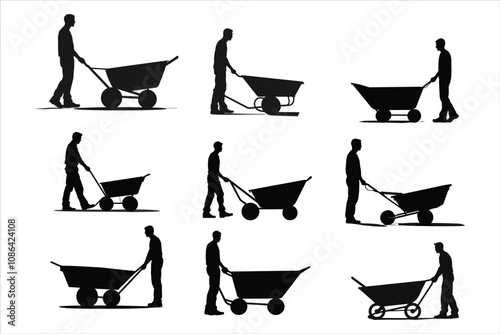 Man Wheelbarrow Silhouette Bundle Set, Construction Worker Wheelbarrow Silhouette
