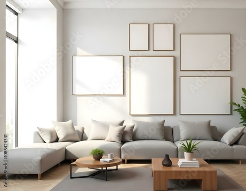 A modern, minimalist living room with a large gray sectional sofa, a wooden coffee table, and a gallery wall of framed artwork