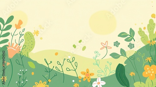 Spring Green Nature Cute Background - A Delightful Display of the Season's Charm. The Lush Greenery of Spring, with Tender Shoots and Blossoming Flowers