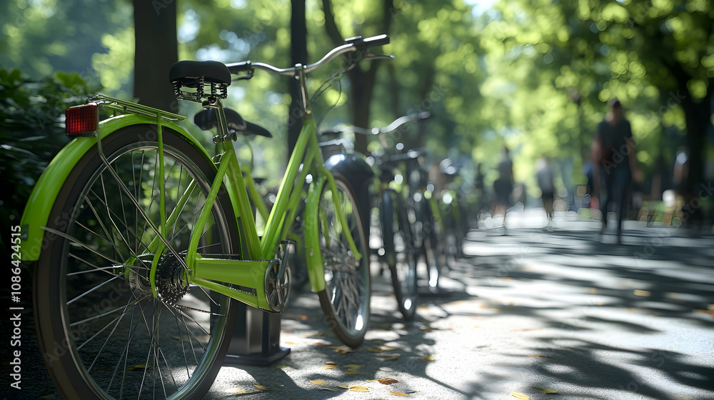 Fototapeta premium Bright green city bikes parked at station on sunny sidewalk with blurred background