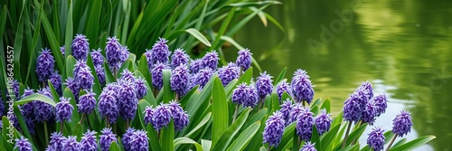 Dense water hyacinth plant growths on a serene green canal background, water hyacinth, nature scenery