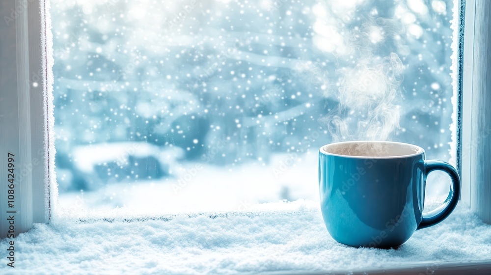 A steaming blue mug sits on a snowy windowill, with snowflakes falling outside. A steaming blue mug sits on a snowy windowill, with snowflakes falling outside.