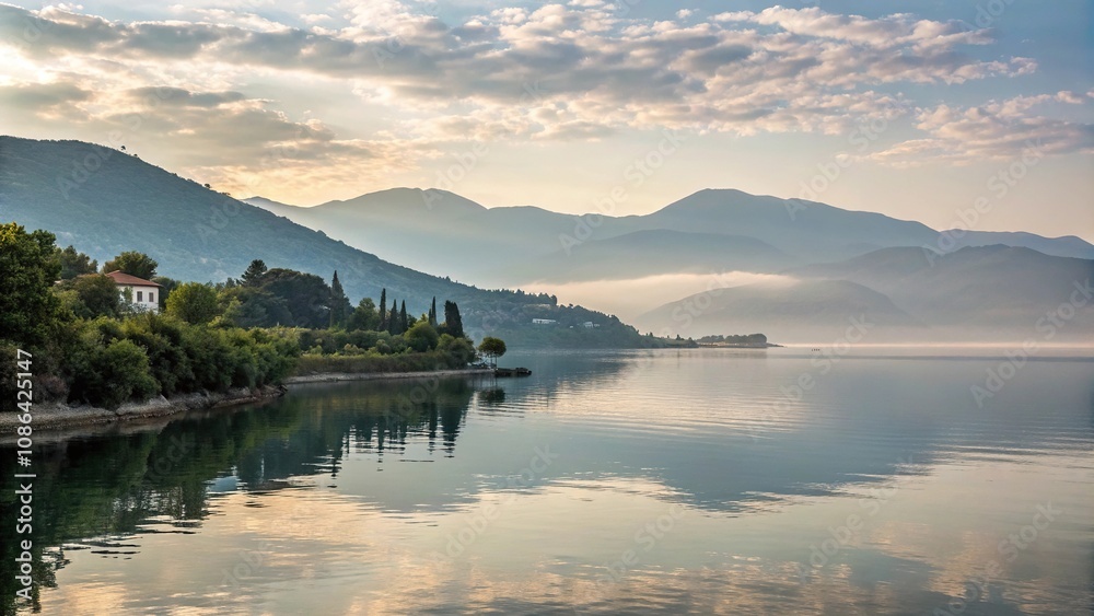 Obraz premium Early morning reflections on Vlore waters, surface, vlore, calm, serenity
