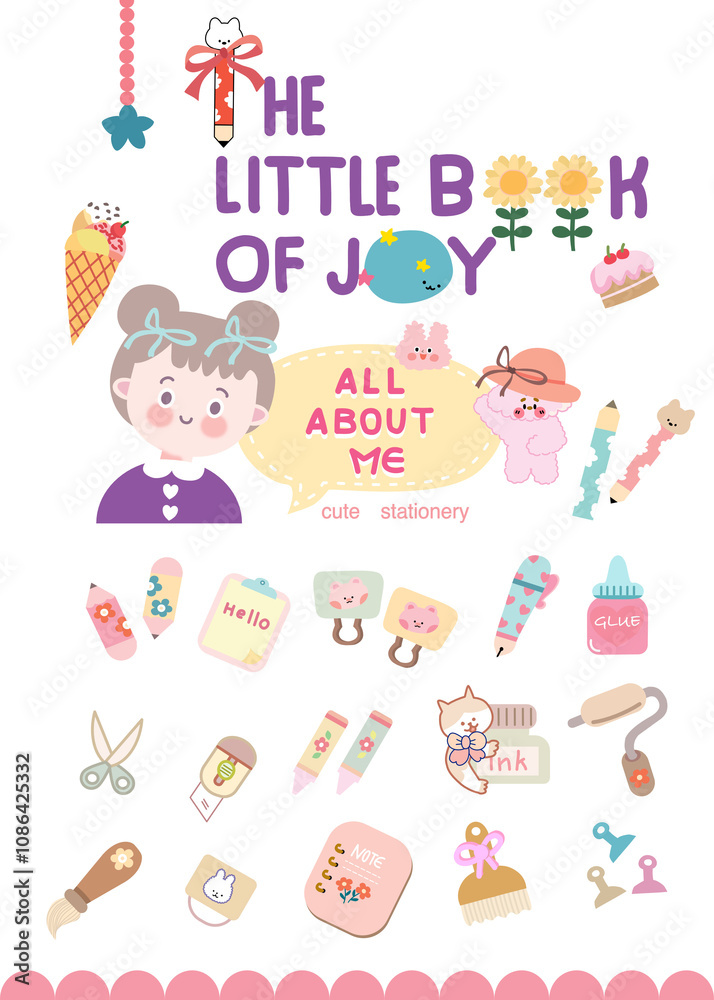 set of icons, Cute Stationary vector element, child drawing, new cover, new book and printable, all about me and stud, back to school