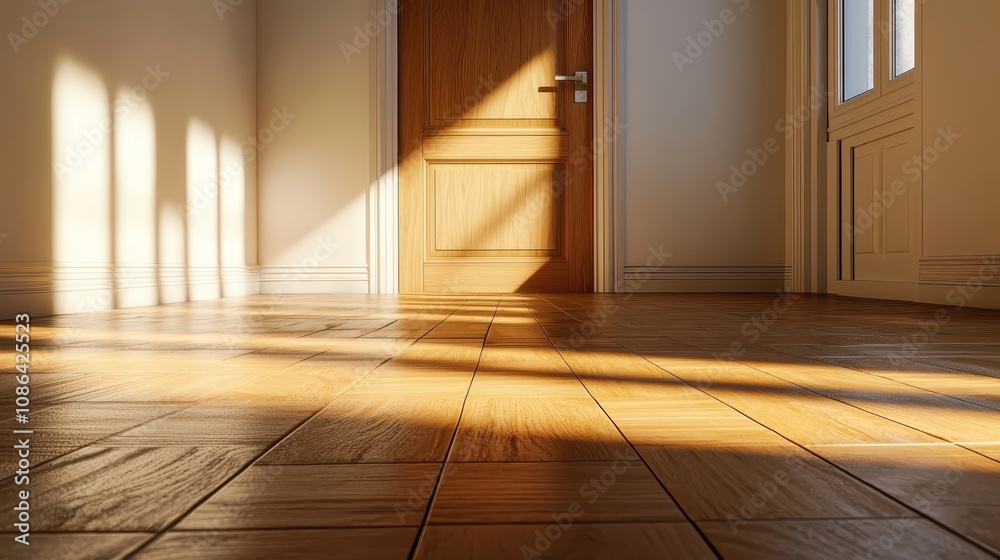 Obraz premium A sunlit corridor with a wooden floor and a closed door creates a warm, inviting atmosphere.