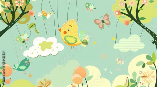 Spring Green Nature Cute Background - A Delightful Display of the Season's Charm. The Lush Greenery of Spring, with Tender Shoots and Blossoming Flowers
