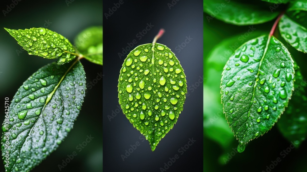 Fresh Leaves with Water Droplets in Macro Focus Fresh Leaves with Water Droplets in Macro Focus