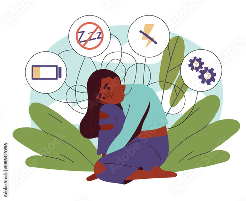 Woman in depression. Young girl sits with low energy levels. Mental and psychological problems. Fatigue, migraine and headache. Flat vector illustration isolated on white background
