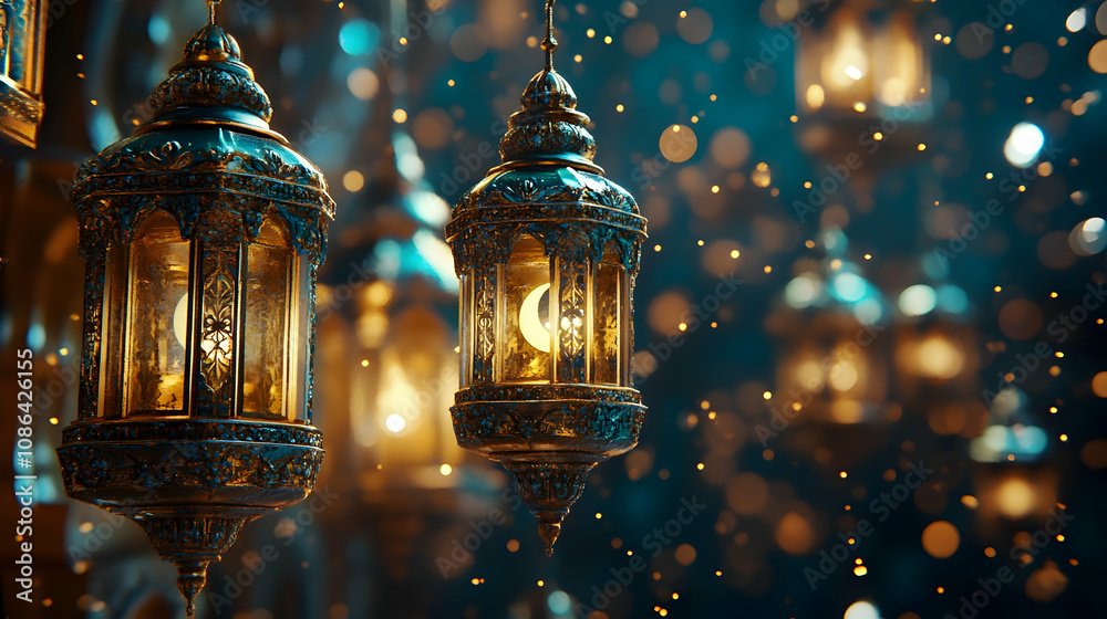 Obraz premium 3D render of teal and gold Ramadan lanterns with bokeh and crescent moon backdrop