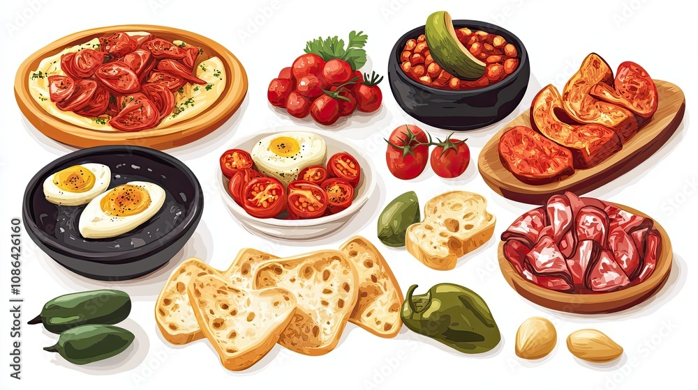 A Variety of Spanish Tapas Dishes on a White Background A Variety of Spanish Tapas Dishes on a White Background
