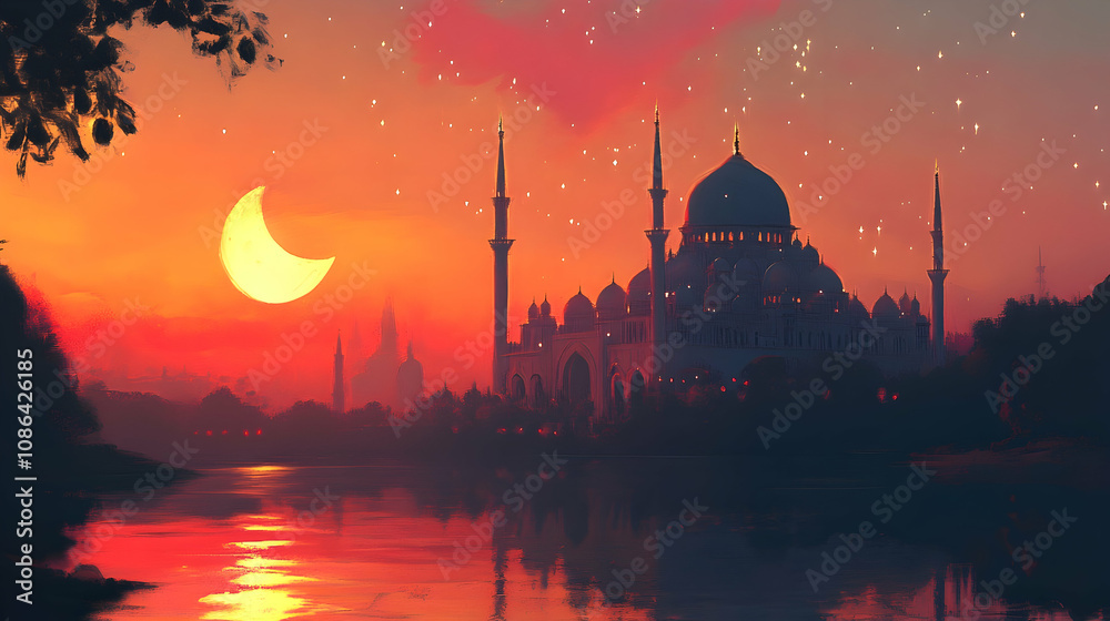 Fototapeta premium Digital painting of mosque silhouette at sunset with crescent moon and starry sky