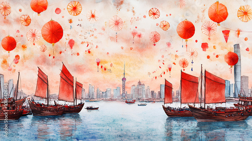  New Year 2025 Celebration at Shanghai Port in Vibrant Watercolor Painting. Happy New Year, Landscape, New Year celerbration. Year of the snake photo