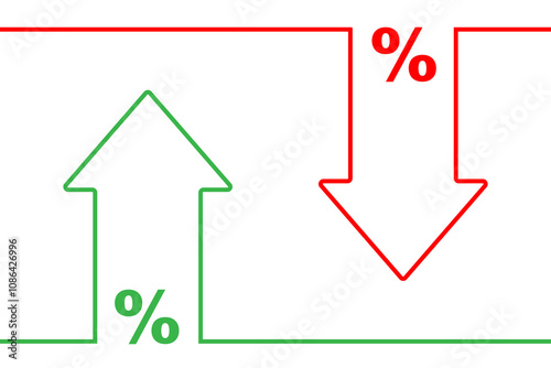 Increasing and decreasing concept. Line drawn upward and downward arrows with percentage symbols against a white backdrop. For growth, decline themes.