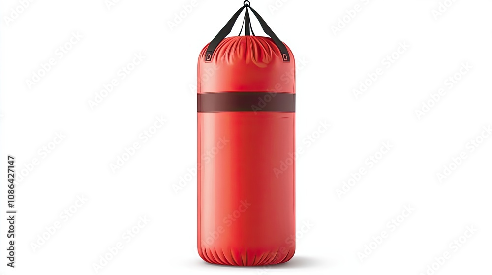 Red Boxing Punching Bag Hanging Against a White Background Red Boxing Punching Bag Hanging Against a White Background