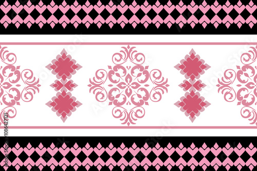 Pink and white Damask Pattern, on black background, A delicate and intricate damask pattern in soft pink and white hues creates a seamless background for elegant designs, invitations, and wallpapers.