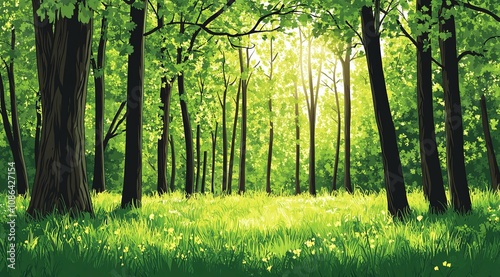 This is a beautiful photo of a lush green forest The sun is shining through the trees creating a dappled pattern on the ground