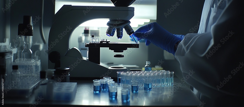 Scientist working in a laboratory with microscope and test tubes. Scientist working in a laboratory with microscope and test tubes.