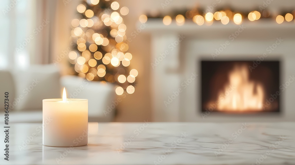 A lit candle sits on a marble table in front of a blurred background of a Christmas tree and a fireplace. A lit candle sits on a marble table in front of a blurred background of a Christmas tree and a fireplace.
