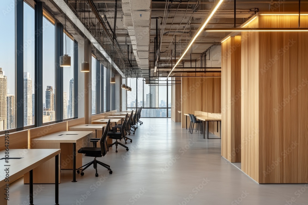 A modern office space with large windows overlooking a city skyline. The office features wooden desks, chairs, and a wood-paneled wall. A modern office space with large windows overlooking a city skyline. The office features wooden desks, chairs, and a wood-paneled wall.
