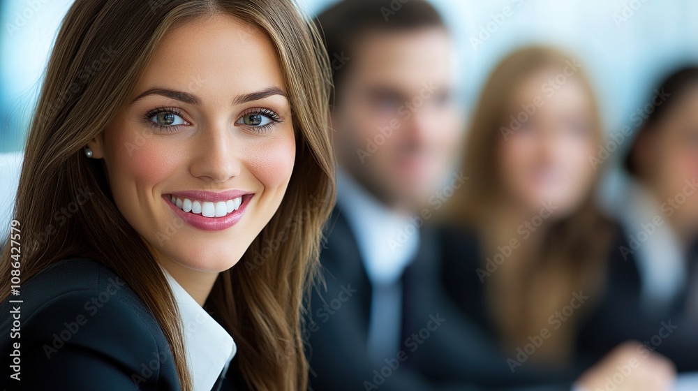 Obraz premium Young Businesswoman Smiling in a Meeting, Reflecting Positivity and Confidence Amid a Group Discussion in a Modern Office Setting