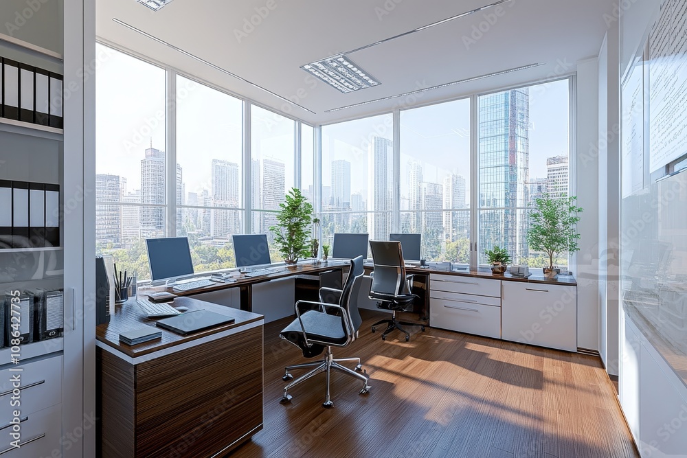 Modern office space with large windows overlooking a city skyline. (2) Modern office space with large windows overlooking a city skyline. (2)
