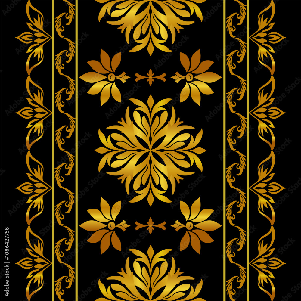 Damask black background. Spiritual , Arabic, Indian religions. Vector Round Ornament Pattern. Geometric circle element in glod colors.