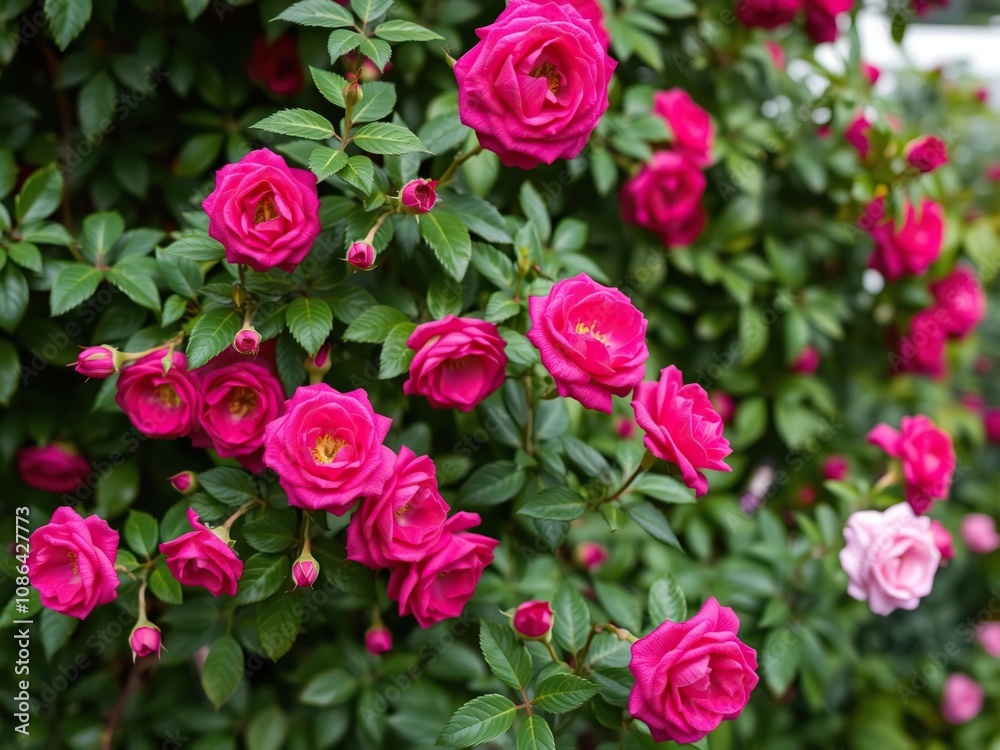 Obraz premium fuchsia colored bush roses against a lush green background, floral arrangement, summer hues