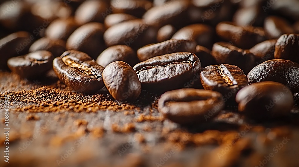 Fototapeta premium A close-up of coffee beans on a wooden table, showcasing their rich color and texture. The image is created using photo-realistic techniques