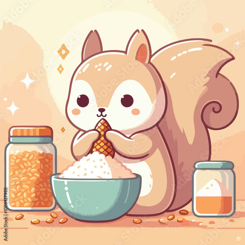 vector image of a cute squirrel eating acorns