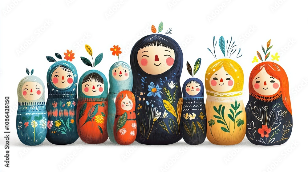 A Row of Colorful Hand-Painted Nesting Dolls with Floral Designs A Row of Colorful Hand-Painted Nesting Dolls with Floral Designs
