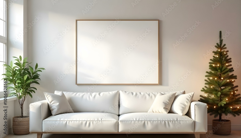 Obraz premium A cozy living room with a large white sofa, a Christmas tree with lights, and a blank framed wall art