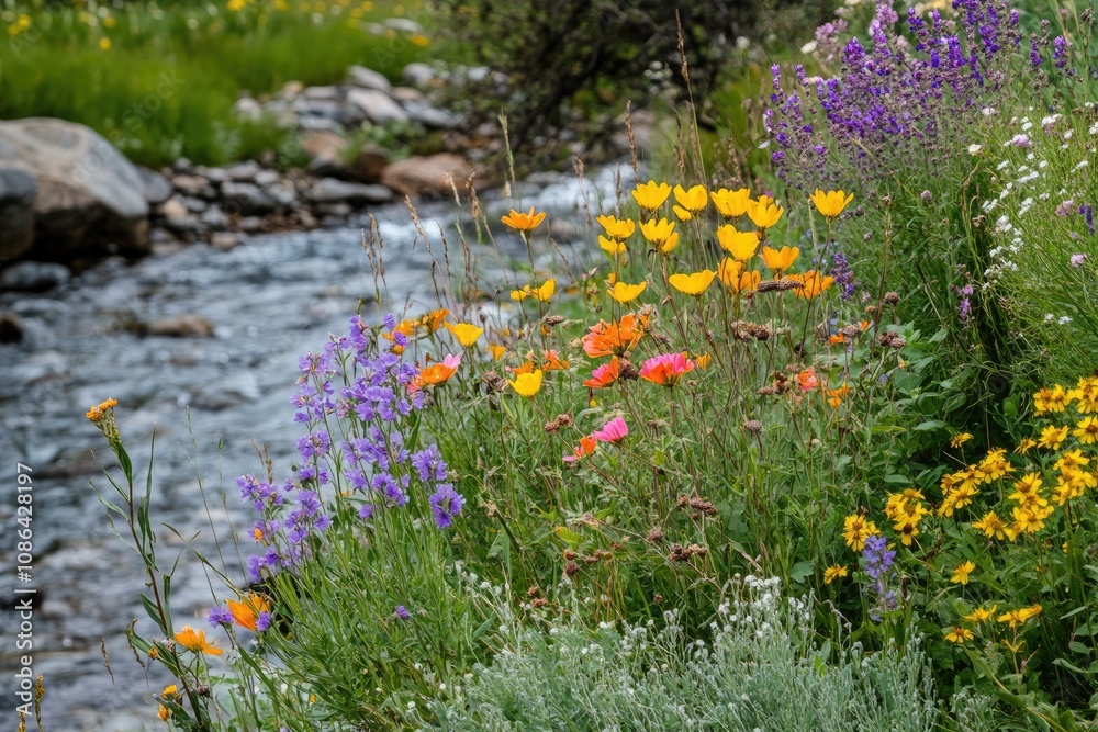Fototapeta premium Vibrant Wildflowers Blooming by a Creek