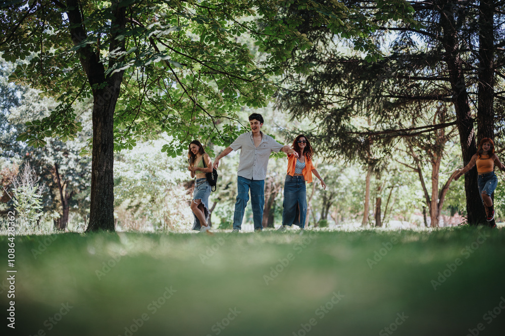 Young teenagers having fun in the park showcasing friendship, joy, and moments of laughter and happiness among nature. Young teenagers having fun in the park showcasing friendship, joy, and moments of laughter and happiness among nature.