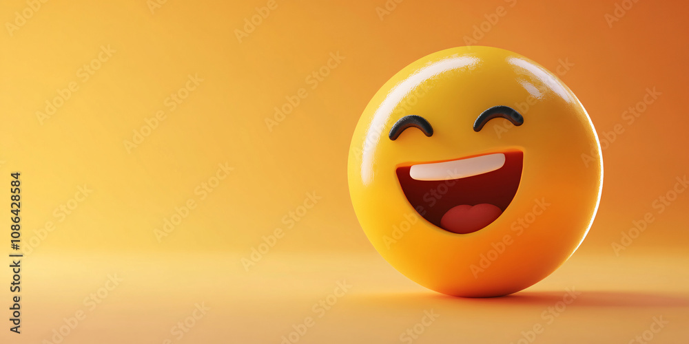 Fototapeta premium laughing emoji. A yellow emoji smiling broadly, against a bright orange background,