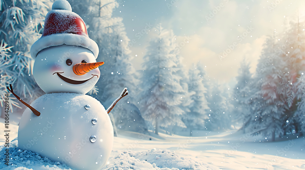 Obraz premium Snowman in a forest with copy space, Christmas banner illustration.