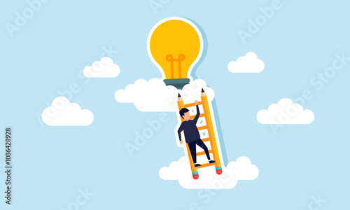 A businessman climbs a pencil ladder to reach a lit lamp in the clouds, illustration of planning and designing to obtain ideas and innovations