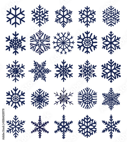 Unique patterned snowflakes arranged in a grid displaying winter beauty and variety