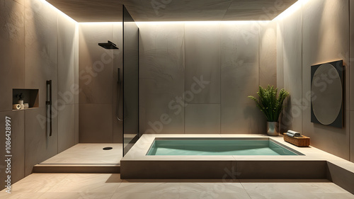 A minimalist bathroom with a freestanding bathtub, a walk-in shower, and a sleek design. photo