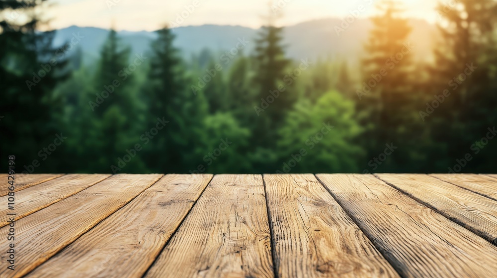 Serene Wooden Tabletop Against Lush Green Forest Background Serene Wooden Tabletop Against Lush Green Forest Background