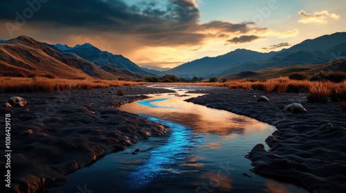Futuristic River Scene with Hologram Overlay