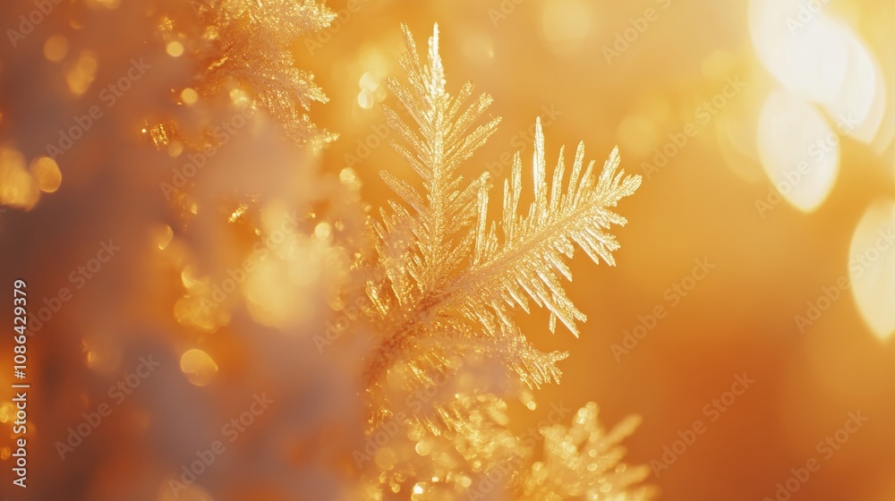 A close-up of a delicate frost-covered branch illuminated by warm light. A close-up of a delicate frost-covered branch illuminated by warm light.