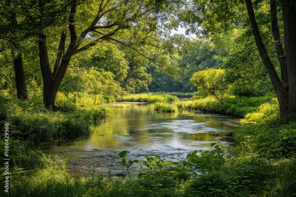 Fototapeta premium Serene River Winding Through a Lush Green Forest