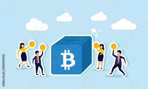Businesspeople collectively carry bitcoins to place into a box labeled with a bitcoin sign, illustration of competition among entrepreneurs to accumulate bitcoin assets