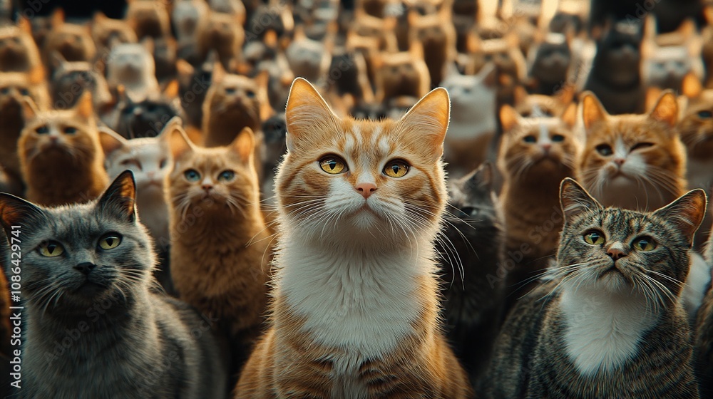 A huge crowd of cats, cinematic, close-up, detailed fur and eyes, wide shot, epic A huge crowd of cats, cinematic, close-up, detailed fur and eyes, wide shot, epic